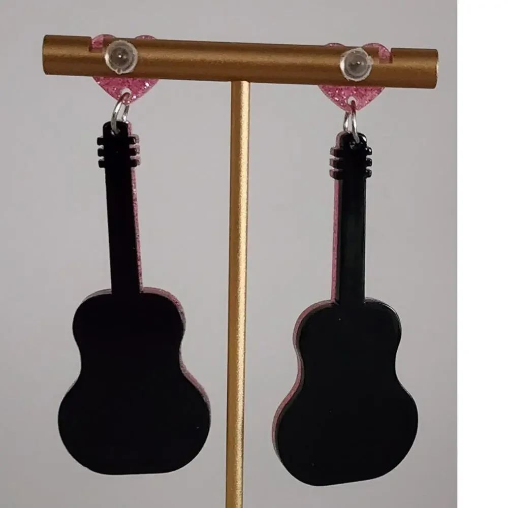 Pink Glitter Guitar Acrylic Earrings Cowgirl Sparkly Acoustic Dangle New